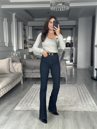 Gri Fitilli Kaşkorse Uzun Kol U Yaka Kadın Body