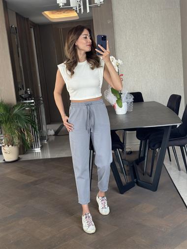 Gri Gabardin Beli Lastikli Ve Bağcıklı Cepli Kadın Pantolon