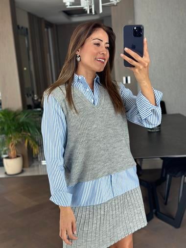 Gri Gömleği Çizgili Triko Kadın Süveter