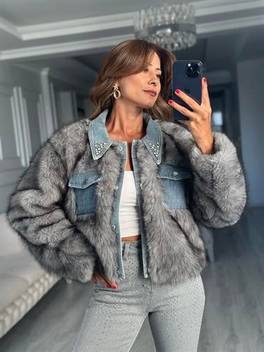 Gri İthal Jean Detaylı Kadın Kürk Ceket