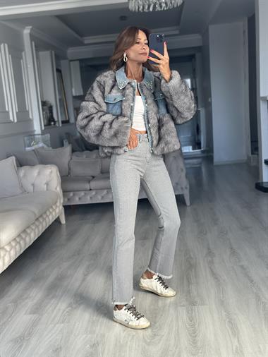 Gri İthal Jean Detaylı Kadın Kürk Ceket