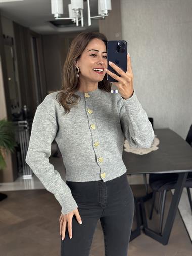 Gri Kalp Düğmeli Kadın Triko Hırka