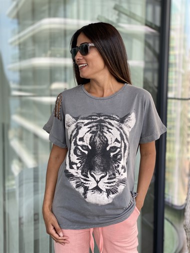 Gri Kaplan Baskılı T-Shirt