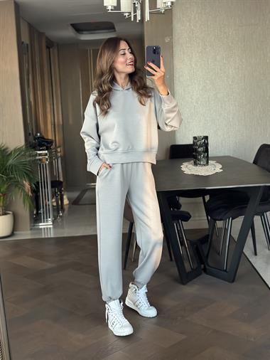 Gri Kapüşonlu Modal Kadın İkili Takım