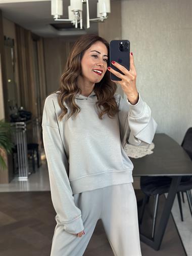 Gri Kapüşonlu Modal Kadın İkili Takım