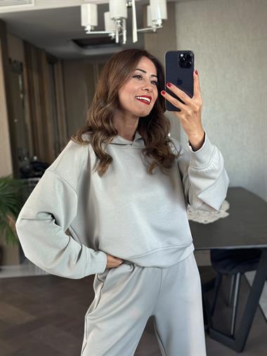 Gri Kapüşonlu Modal Kadın İkili Takım