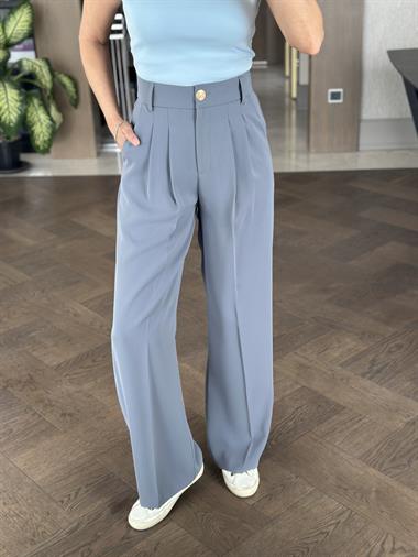 Gri Gold Düğmeli Arka Beli Lastikli Geniş Paça Kumaş Kadın Pantolon