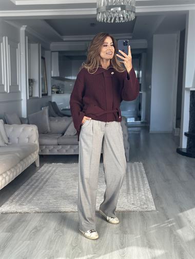 Gri Karol Kancalı Bol Paça Kadın Kumaş Pantolon