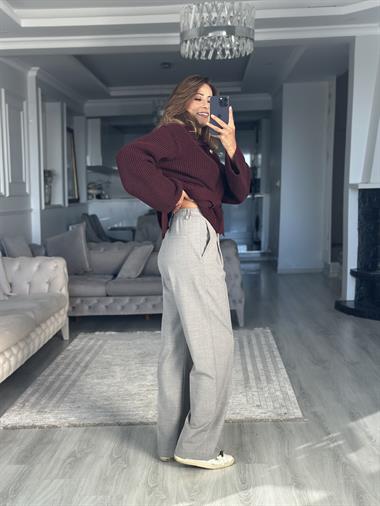 Gri Karol Kancalı Bol Paça Kadın Kumaş Pantolon