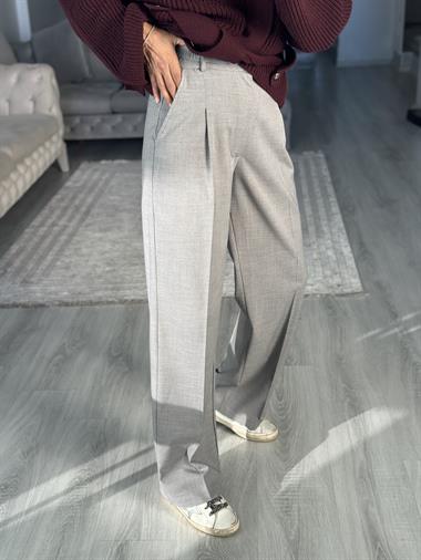 Gri Karol Kancalı Bol Paça Kadın Kumaş Pantolon