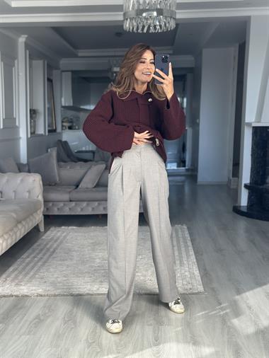 Gri Karol Kancalı Bol Paça Kadın Kumaş Pantolon