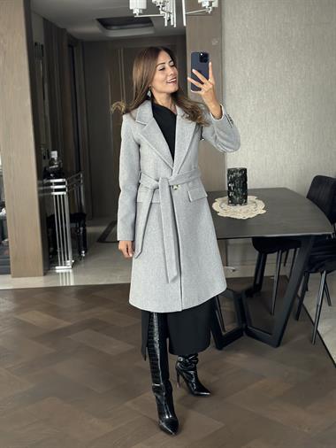 Gri Kaşe Kuşaklı Tek Düğmeli Kadın Kaban