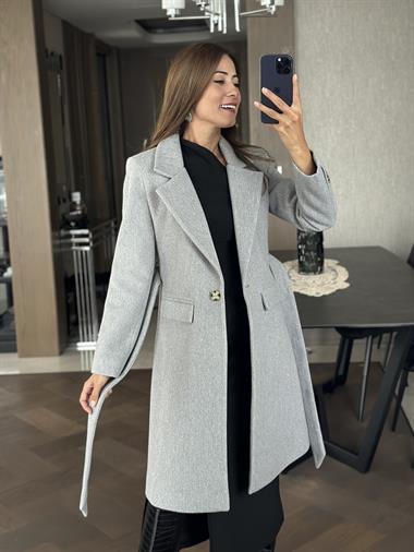 Gri Kaşe Kuşaklı Tek Düğmeli Kadın Kaban
