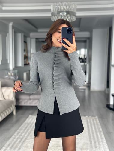 Gri Kendinden Büzgülü Düğmeli Kadın Triko Hırka