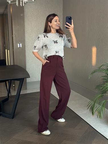 Gri Kısa Kol Kurdele Detaylı Kadın Crop Kazak