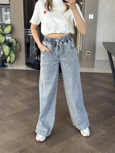 Gri Beli Lastikli Palazzo Kadın Jean Pantolon