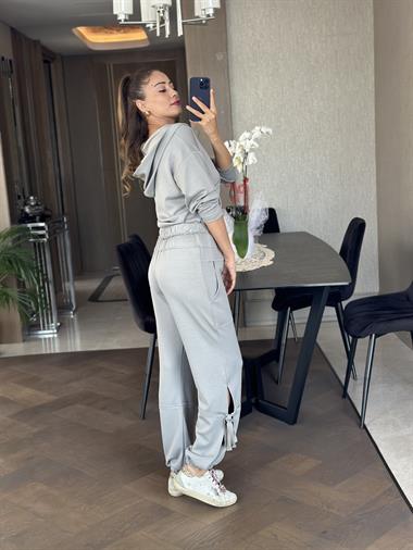 Gri Modal Sweat Paçası Yırtmaç Detay Pantolon Kadın İkili Takım