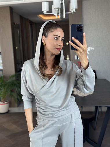 Gri Modal Sweat Paçası Yırtmaç Detay Pantolon Kadın İkili Takım