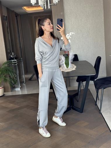 Gri Modal Sweat Paçası Yırtmaç Detay Pantolon Kadın İkili Takım