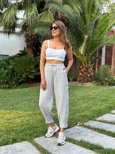 Gri  Müslin Bel Lastikli Paça Pensli Kadın Pantolon