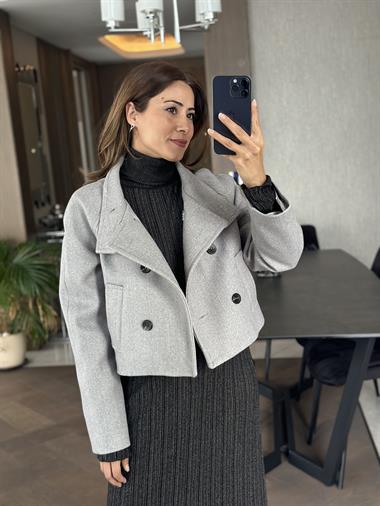 Gri Önü Düğmeli Kaşe Kadın Bomber Ceket