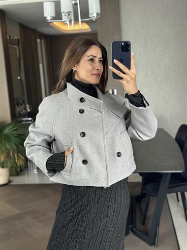 Gri Önü Düğmeli Kaşe Kadın Bomber Ceket
