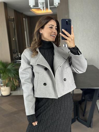 Gri Önü Düğmeli Kaşe Kadın Bomber Ceket