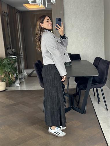 Gri Önü Düğmeli Kaşe Kadın Bomber Ceket