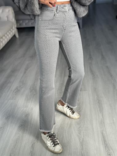 Gri Önü Taşlı Flare Kadın Jean Pantolon