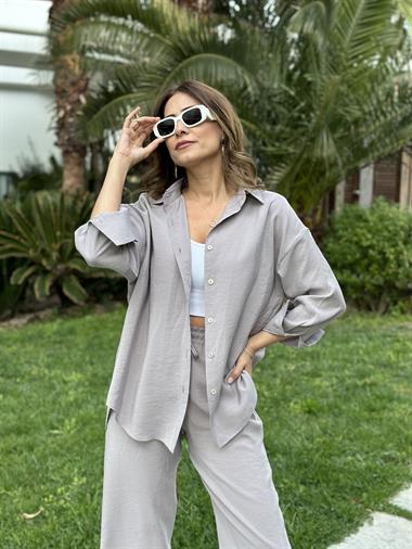 Gri Orjinal Marka Tnsel Gömlek Pantolon Kadın Alt Üst Takım