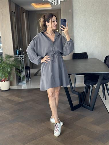 Gri Orjinal Marka Tnsel Yarım Düğmeli Beli Lastikli Kadın Gömlek Elbise