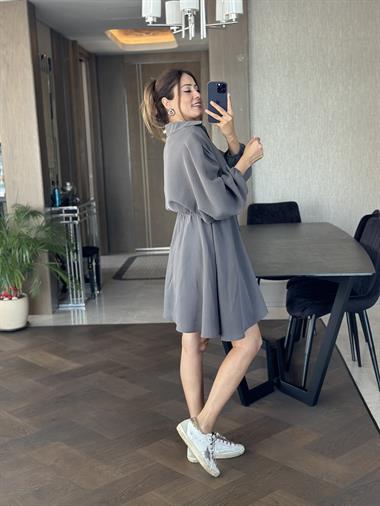 Gri Orjinal Marka Tnsel Yarım Düğmeli Beli Lastikli Kadın Gömlek Elbise