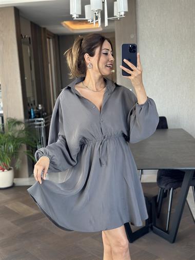 Gri Orjinal Marka Tnsel Yarım Düğmeli Beli Lastikli Kadın Gömlek Elbise