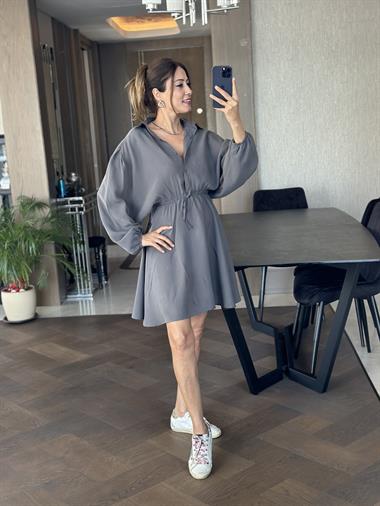 Gri Orjinal Marka Tnsel Yarım Düğmeli Beli Lastikli Kadın Gömlek Elbise