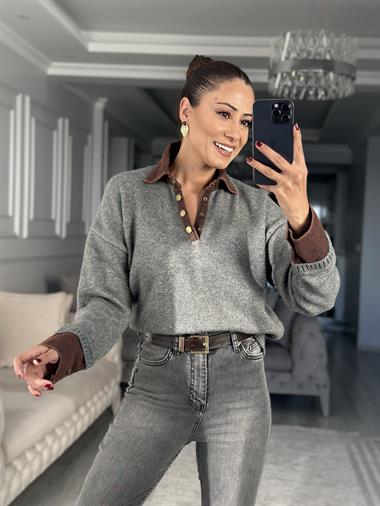 Gri Polo Yaka Jean Detay Kadın Triko Kazak