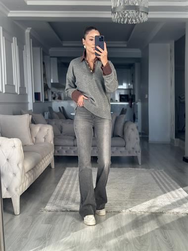 Gri Polo Yaka Jean Detay Kadın Triko Kazak