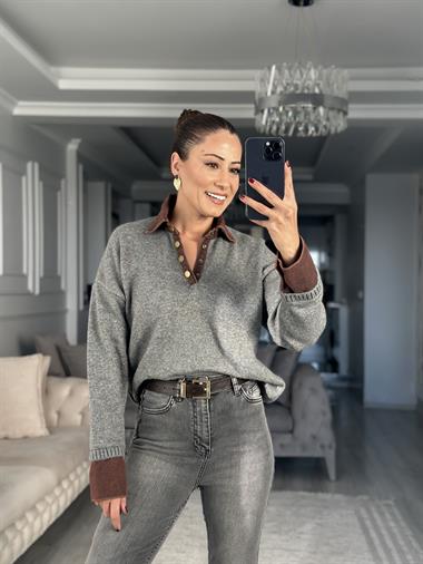 Gri Polo Yaka Jean Detay Kadın Triko Kazak