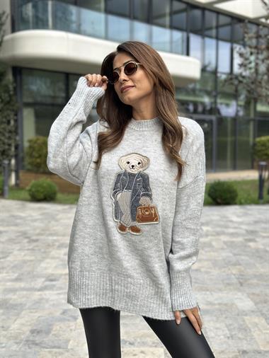 Gri RL Model Bisiklet Yaka Önü Ayıcık Nakışlı Kadın Triko Kazak