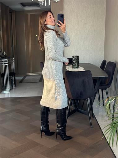 Gri Saç Örgü Balıkçı Yaka Kadın Triko Elbise