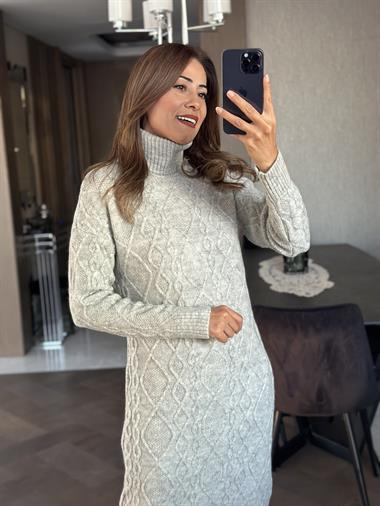 Gri Saç Örgü Balıkçı Yaka Kadın Triko Elbise