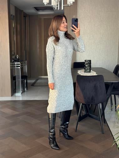 Gri Saç Örgü Balıkçı Yaka Kadın Triko Elbise
