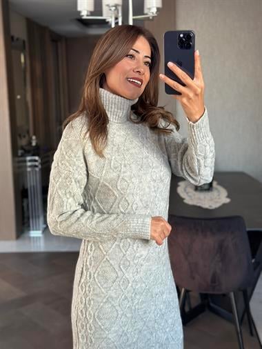 Gri Saç Örgü Balıkçı Yaka Kadın Triko Elbise