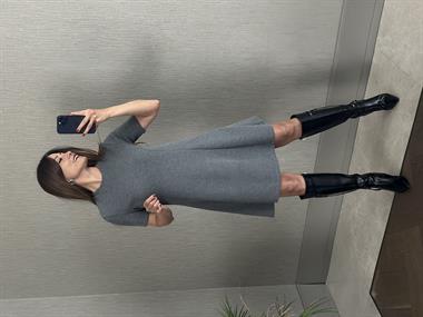 Gri Selanik Kısa Kol Bisiklet Yaka Kadın Mini Çan Elbise