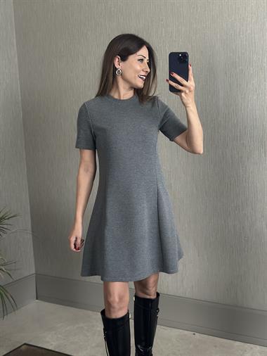 Gri Selanik Kısa Kol Bisiklet Yaka Kadın Mini Çan Elbise
