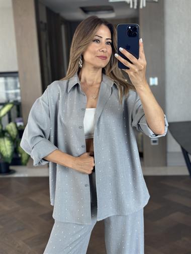 Gri Taş Detaylı Gömlek Pantolon Kadın İkili Takım