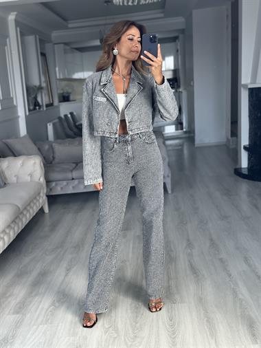 Gri Taş Detaylı Straight Kadın Jean Pantolon