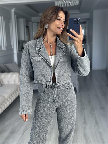 Gri Taş Detaylı Tek Düğmeli Kadın Jean Ceket