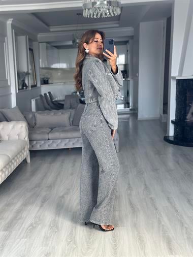 Gri Taş Detaylı Tek Düğmeli Kadın Jean Ceket