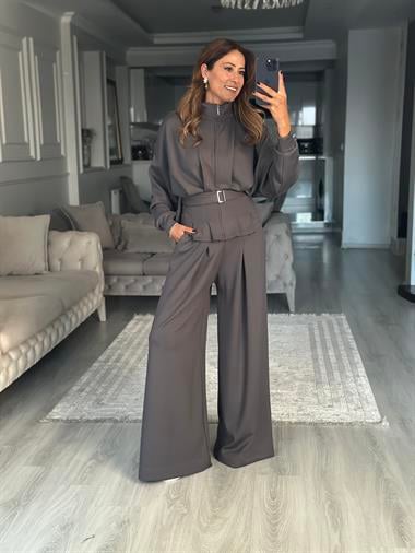 Antrasit Tasarım Kemerli Modal Kadın İkili Takım