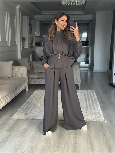 Antrasit Tasarım Kemerli Modal Kadın İkili Takım